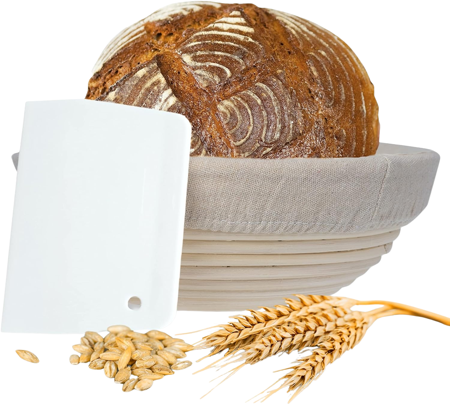 riijk Gärkörbchen + Teigschaber – Der ideale Gärkorb aus natürlichem Peddigrohr (rund, 22 cm) – mit Leineneinsatz, rostfrei geklammert