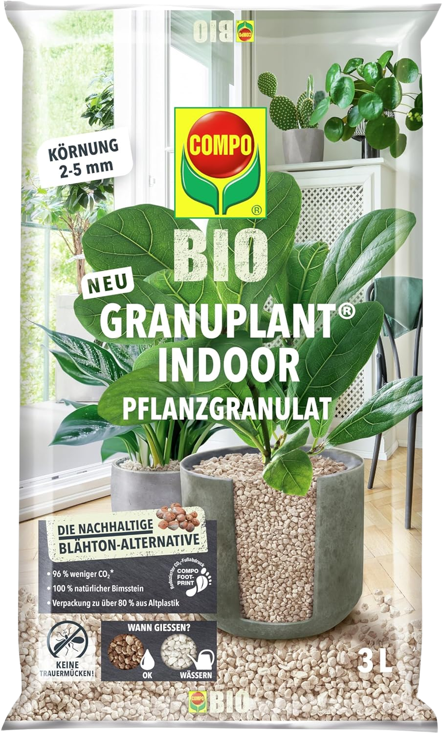 COMPO BIO GRANUPLANT Indoor Pflanzengranulat - 100% natürliches Pflanzengranulat aus Bimsstein - Körnung von 2-5 mm - 3 L