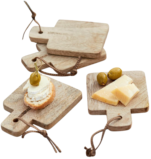 LOBERON Schneidebrett 4er Set Boise, naturbelassen mit schöner Maserung, mit Lederbändchen, Küchenutensilien, Tischdekoration, Mangoholz, Büffelleder, braun