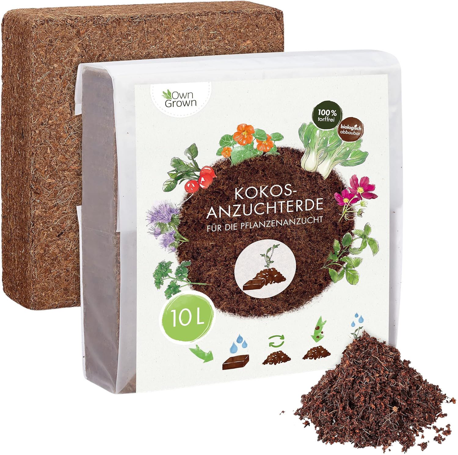 Kokos Anzuchterde mit Nährstoffen: 10L Premium Anzuchterde torffrei – Kokoserde gepresst als praktische Quellerde – Kokos Blumenerde Zimmerpflanzen – Blumenerde Balkonpflanzen – Anzucht Erde OwnGrown